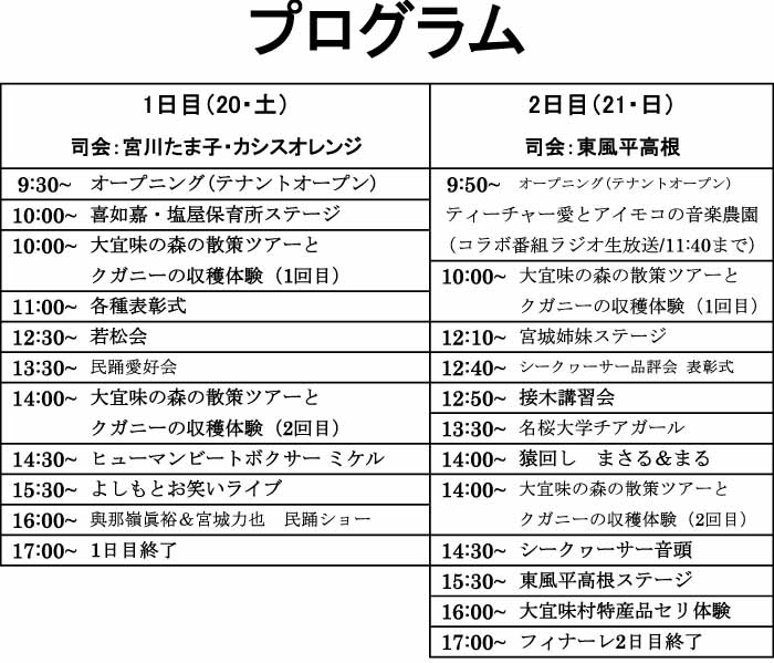 オープニングからフィナーレまで2日間に分けて産業まつりの予定が記載されているプログラム
