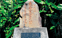 石の土台に建てられた、自然な形をした長寿日本一宣言の石碑の写真